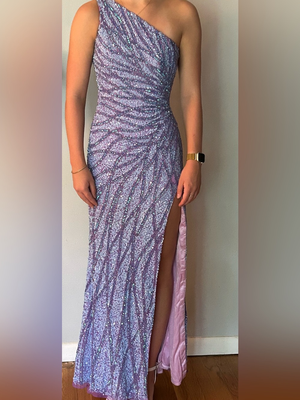 Primavera Couture Lavender One-Shoulder Sequin Maxi Dress